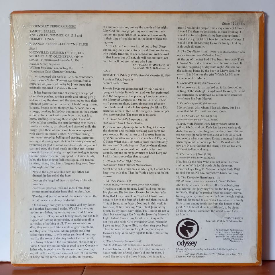 SAMUEL BARBER, ELEANOR STEBER, LEONTYNE PRICE – KNOXVILLE ''SUMMER OF 1915'' / HERMIT SONGS - LP 2.EL PLAK