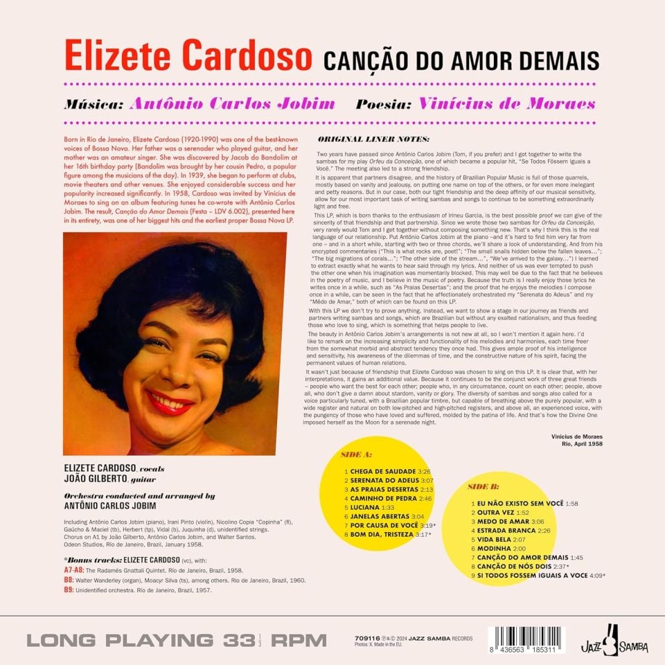 ELIZETE CARDOSO - CANÇAO DO AMOR DEMAIS (ANTONIO CARLOS JOBIM, VINICIUS DE MORAES) (1958) - LP  BOSSA NOVA , LATIN JAZZ 180GR 2024 EDITION SIFIR PLAK