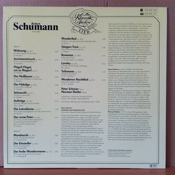 ROBERT SCHUMANN, PETER SCHREIER, NORMAN SHETLER – SCHUMANN AUSGEWAHLTE LIEDER - LP 2.EL PLAK