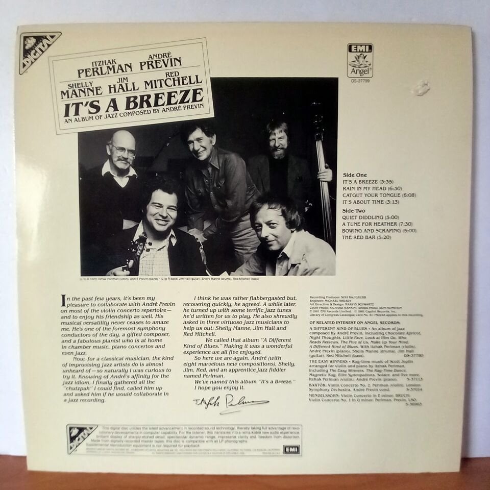 ITZHAK PERLMAN, ANDRE PREVIN, SHELLY MANNE, JIM HALL, RED MITCHELL – IT\'S A BREEZE (1981) - LP 2.EL PLAK