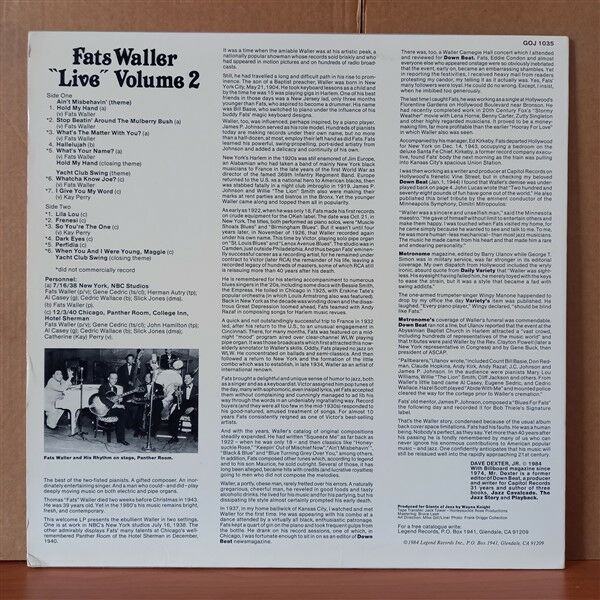 FATS WALLER – ''LIVE'' VOLUME TWO (1984) - LP 2.EL PLAK