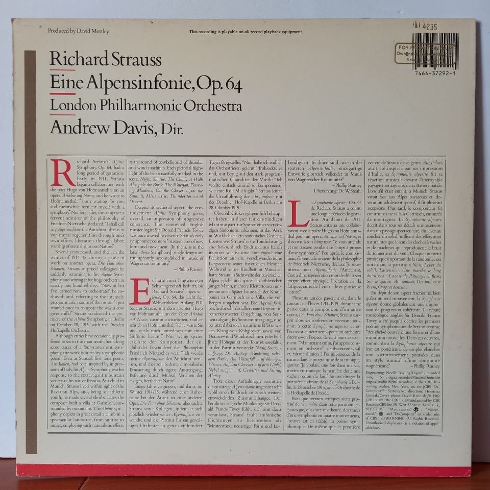 RICHARD STRAUSS : LONDON PHILHARMONIC ORCHESTRA, ANDREW DAVIS – EINE ALPENSINFONIE, OP. 64 (1982) - LP 2.EL PLAK