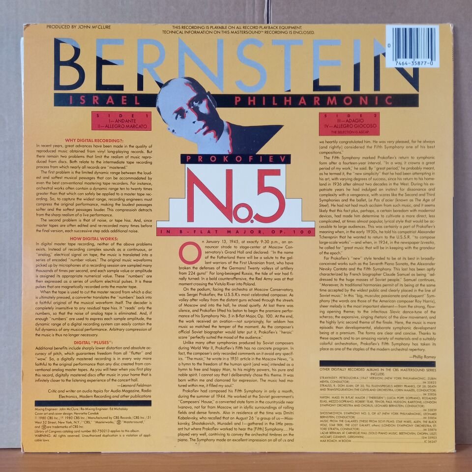 PROKOFIEV: SYMPHONY NO. 5 / BERNSTEIN, ISRAEL PHILHARMONIC (1980) - LP 2.EL PLAK