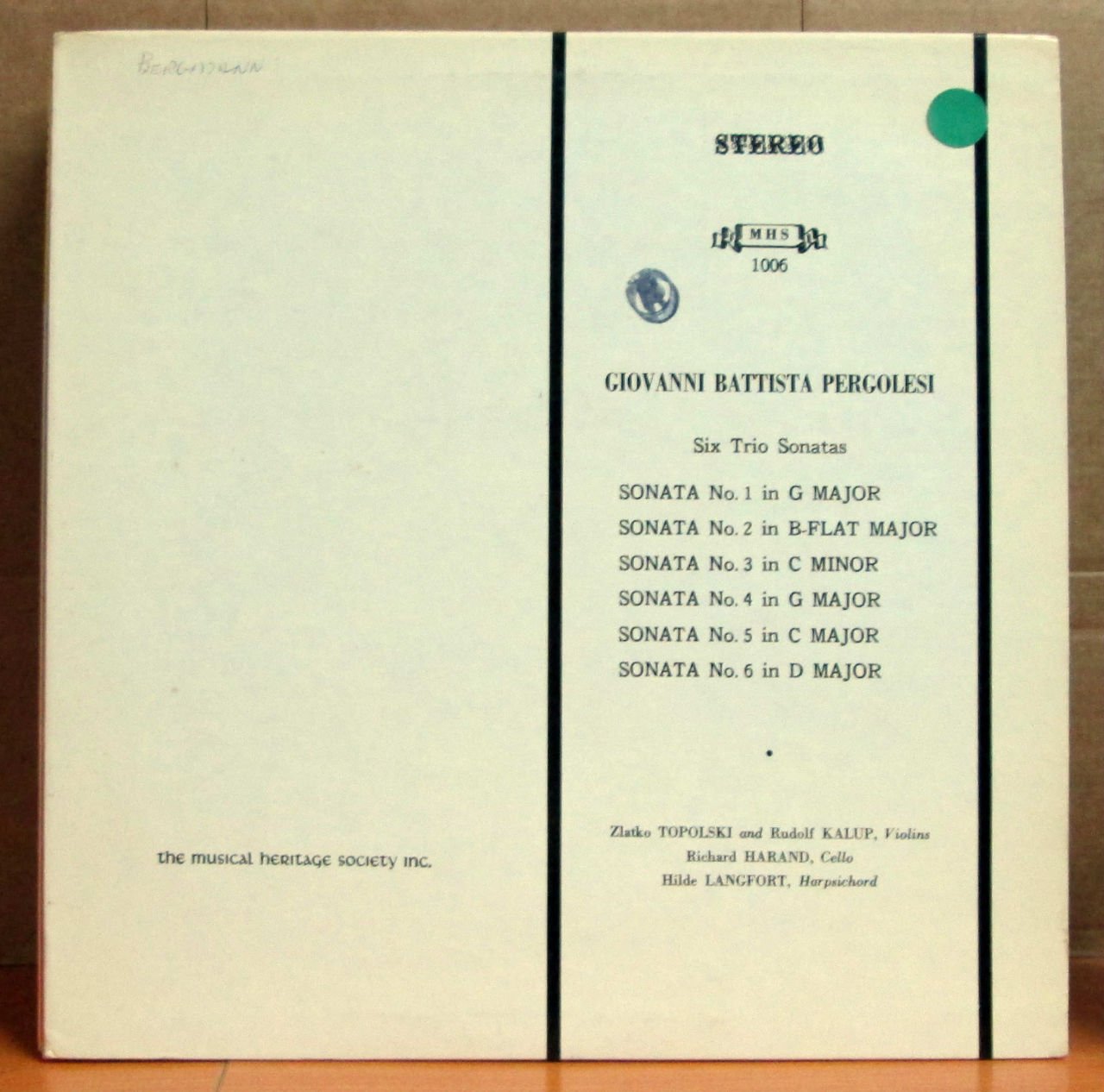 PERGOLESI - SIX TRIO SONATAS  LP 2.EL