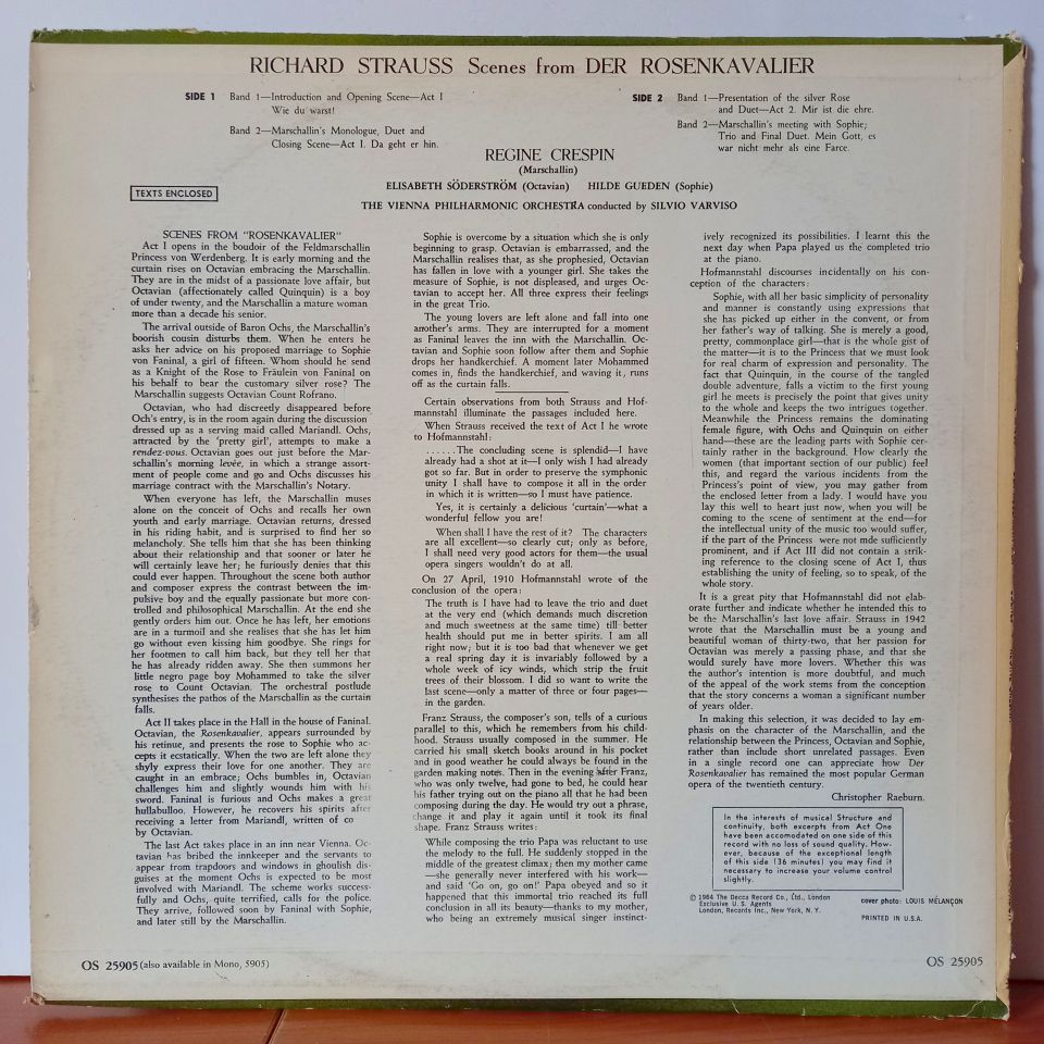 REGINE CRESPIN, RICHARD STRAUSS – SCENES FROM DER ROSENKAVALIER (1964) - LP 2.EL PLAK