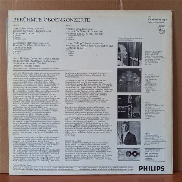 BERÜHMTE OBOENKONZERTE / LECLAIR, MARCELLO, VIVALDI, TELEMANN, HEINZ HOLLIGER, MITGLIEDER DER STAATSKAPELLE DRESDEN, VITTORIO NEGRI (1972) - LP 2.EL PLAK