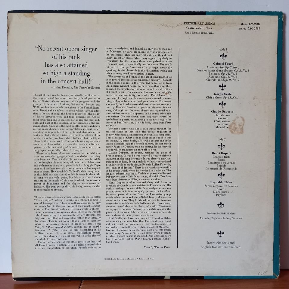 CESARE VALLETTI, LEO TAUBMAN – FRENCH ART SONGS (1965) - LP 2.EL PLAK