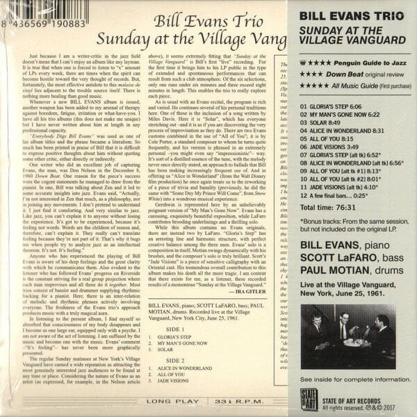 BILL EVANS TRIO FEATURING SCOTT LA FARO – SUNDAY AT THE VILLAGE VANGUARD (2017) - CD DIGIPACK SIFIR