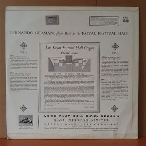 FERNANDO GERMANI PLAYS BACH AT THE ROYAL FESTIVAL HALL INCLUDING TOCCATA AND FUGUE IN D MINOR - LP 2.EL PLAK