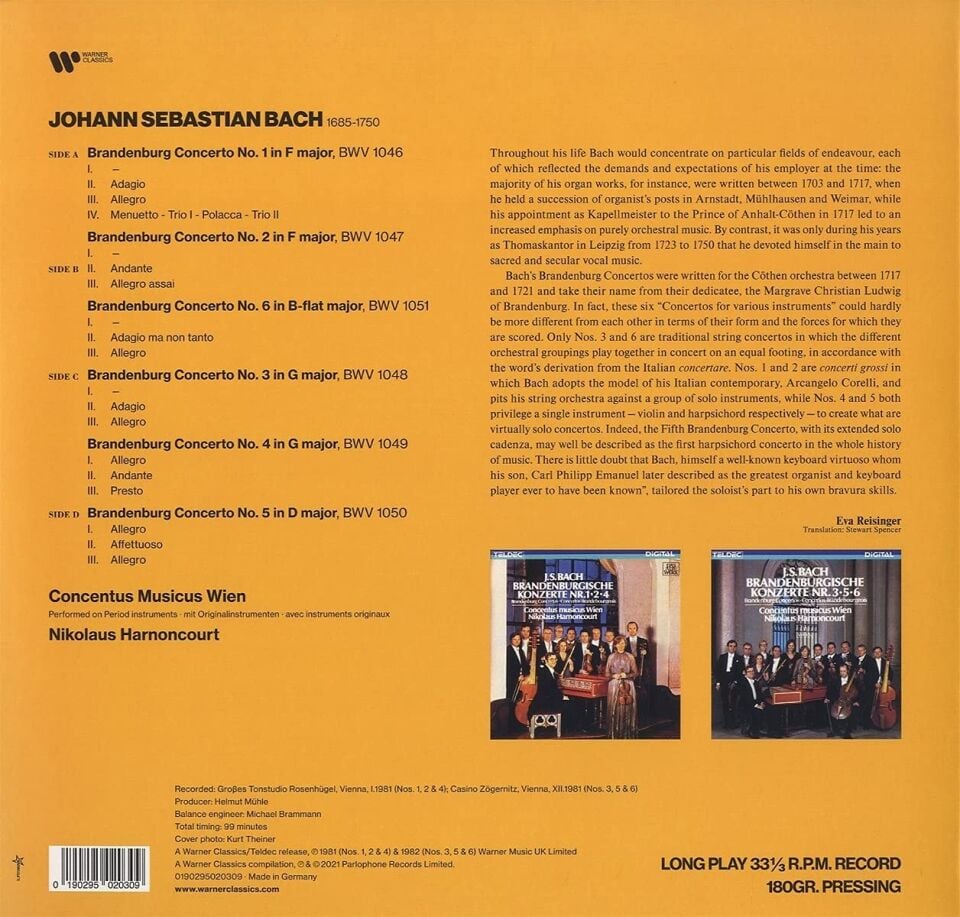 JOHANN SEBASTIAN BACH - BRANDENBURG CONCERTOS NOS 1-6 / NIKOLAUS HARNONCOURT (1981) - 2xLP 2021 EDITION SIFIR PLAK