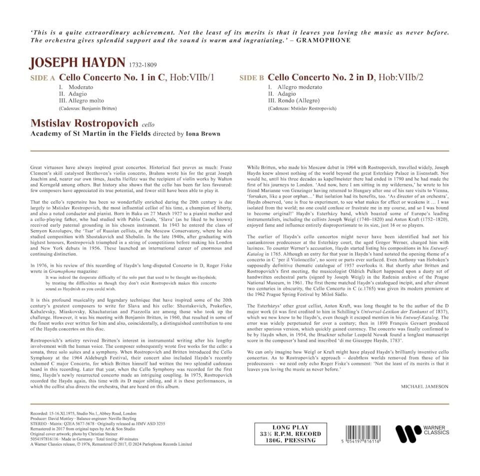 JOSEPH HAYDN - CELLO CONCERTOS IN D & C (1976) - LP 180GR 2024 EDITION SIFIR PLAK