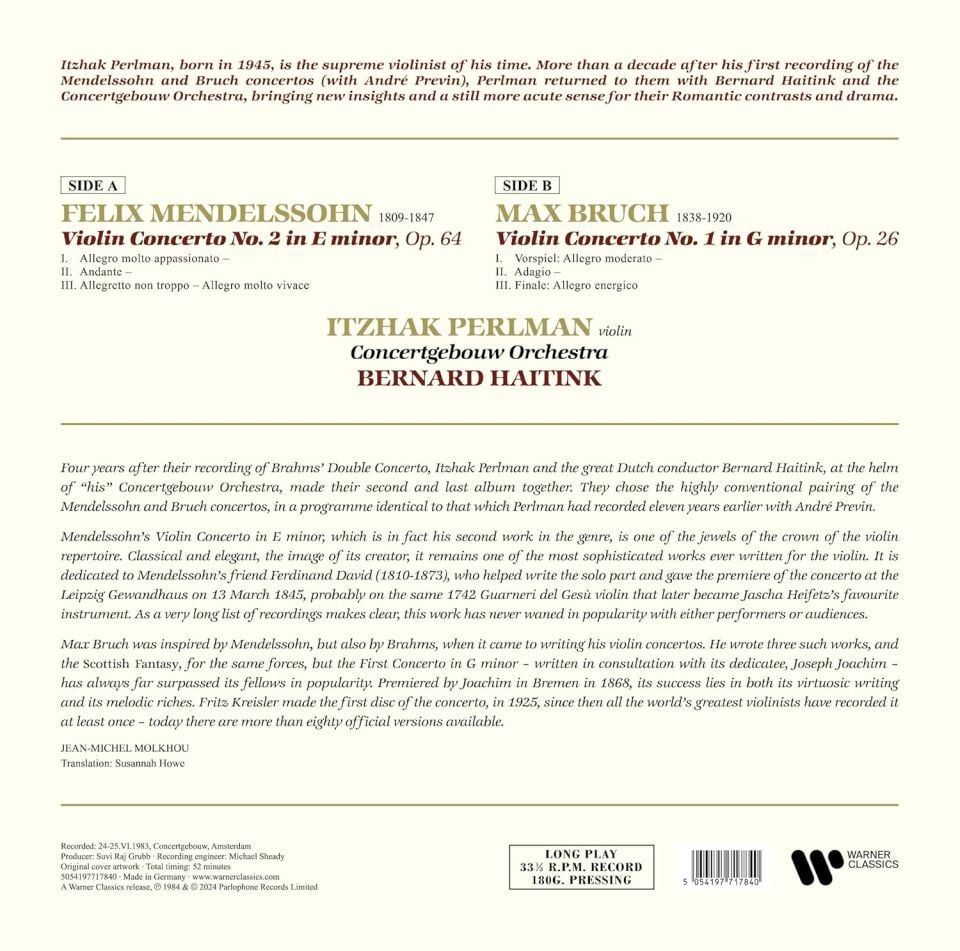 MENDELSSOHN / BRUCH - VIOLIN CONCERTO NO 2 E MINOR / VIOLIN CONCERTO NO 1 G MINOR / ITZHAK PERLMAN (1984) - LP 180GR 2024 EDITION SIFIR PLAK
