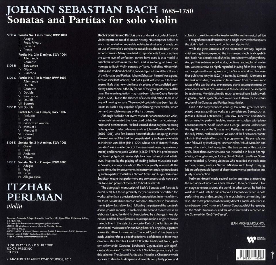 JOHANN SEBASTIAN BACH - SONATEN UND PARTITEN (SONATAS AND PARTITAS) / ITZHAK PERLMAN (1988) - 3xLP 2021 EDITION SIFIR PLAK