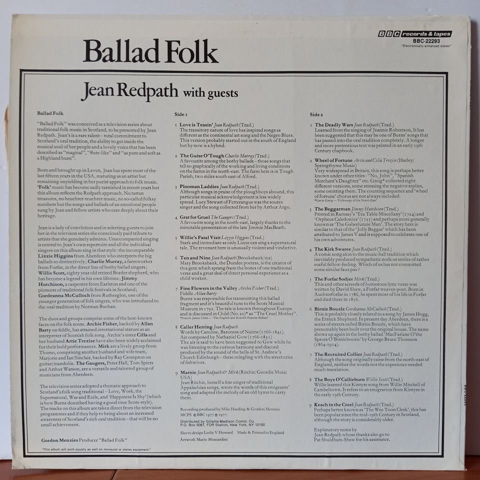 JEAN REDPATH – BALLAD FOLK / JEAN REDPATH WITH GUESTS (1977) - LP 2.EL PLAK