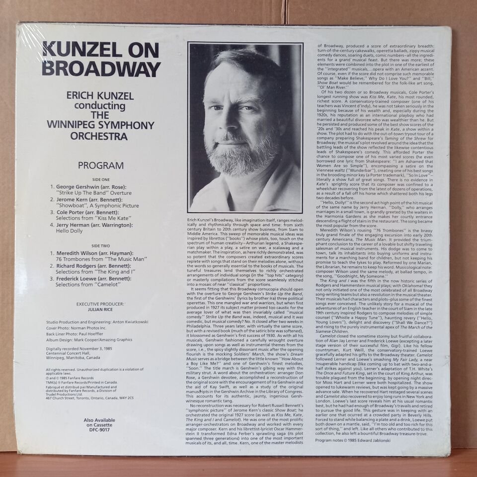 KUNZEL ON BROADWAY / ERICH KUNZEL CONDUCTING THE WINNIPEG SYMPHONY ORCHESTRA / GERSHWIN, KERN, PORTER, RODGERS, LOEWE (1985) - LP DÖNEM BASKISI SIFIR PLAK