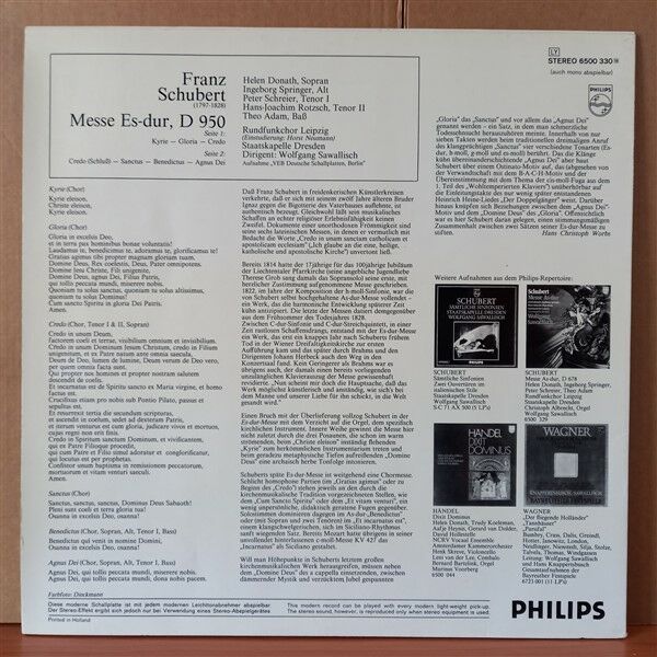 SCHUBERT: MESSE ES-DUR / HELEN DONATH • INGEBORG SPRINGER • PETER SCHREIER • HANS-JOACHIM ROTZSCH • THEO ADAM • RUNDFUNKCHOR LEIPZIG, WOLFGANG SAWALLISCH, STAATSKAPELLE DRESDEN (1972) - LP 2.EL PLAK