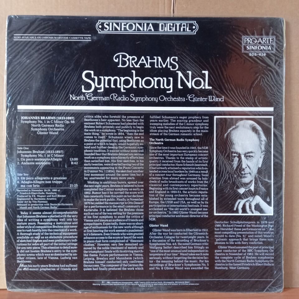BRAHMS: SYMPHONY NO. 1 / GÜNTER WAND, NORTH GERMAN RADIO SYMPHONY ORCHESTRA (1983) - LP DÖNEM BASKISI SIFIR PLAK