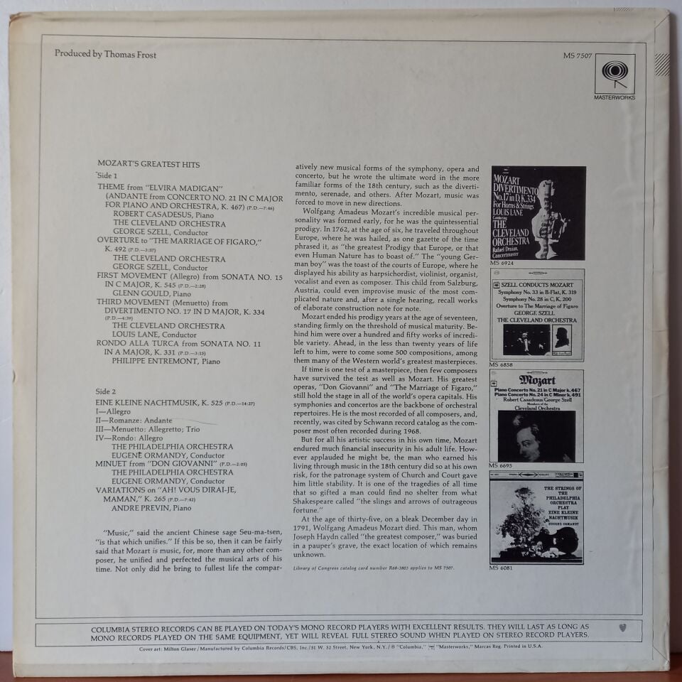 MOZART – MOZART'S GREATEST HITS (1969) - LP 2.EL PLAK