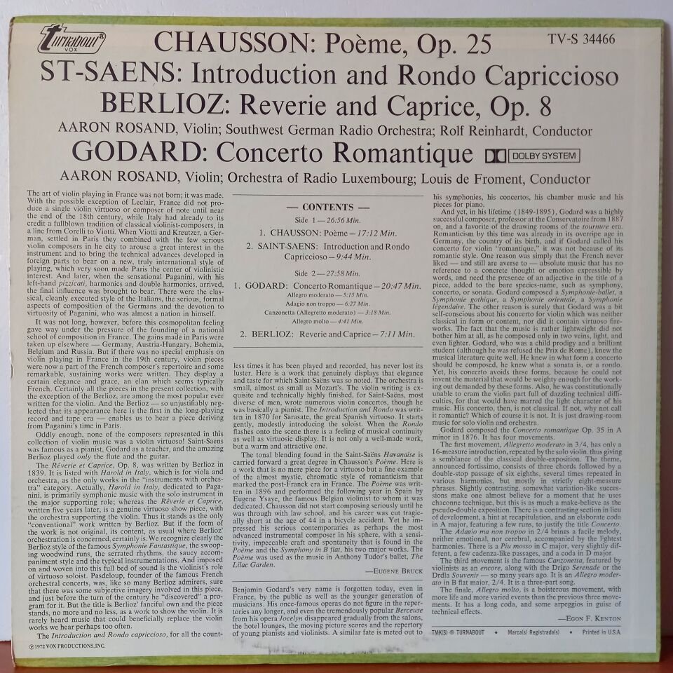 GODARD, CHAUSSON, SAINT-SAENS, BERLIOZ, AARON ROSAND – FRENCH ROMANTIC WORKS FOR VIOLIN AND ORCHESTRA (1972) - LP 2.EL PLAK