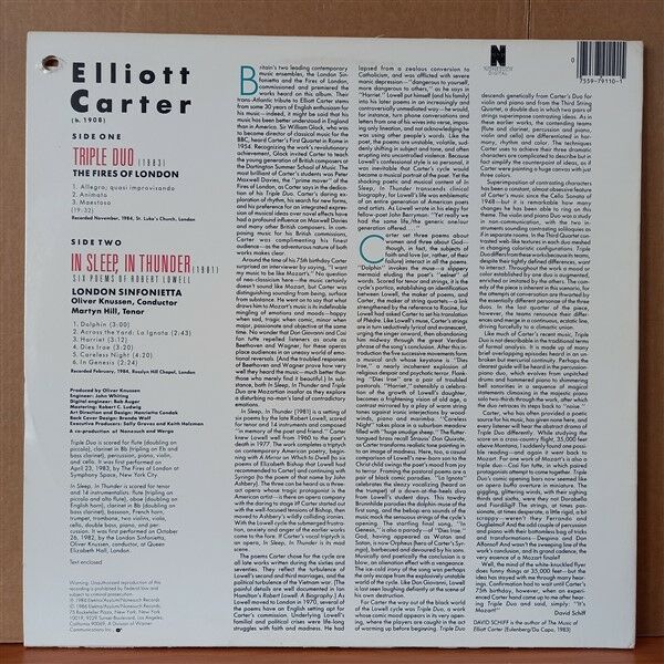 ELLIOTT CARTER: TRIPLE DUO • IN SLEEP, IN THUNDER / THE FIRES OF LONDON, LONDON SINFONIETTA, OLIVER KNUSSEN, MARTYN HILL (1986) - LP 2.EL PLAK