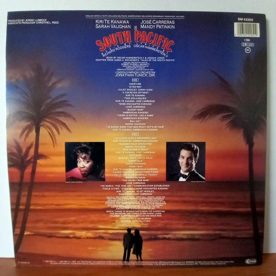 SOUTH PACIFIC SOUNDTRACK / RODGERS & HAMMERSTEIN - KIRI TE KANAWA, JOSE CARRERAS, SARAH VAUGHAN, MANDY PATINKIN, AMBROSIAN SINGERS, LONDON SYMPHONY ORCHESTRA, JONATHAN TUNICK (1986) - LP 2.EL PLAK