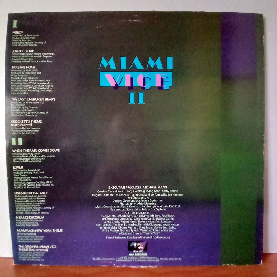 MIAMI VICE II / NEW MUSIC FROM THE TELEVISION SERIES, \'\'MIAMI VICE\'\' / JACKSON BROWNE, PHIL COLLINS, THE DAMNED, JAN HAMMER, STEVE JONES, ROXY MUSIC (1986) - LP 2.EL PLAK