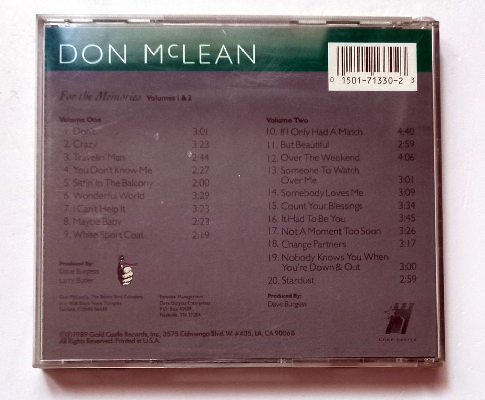 DON MCLEAN – FOR THE MEMORIES / VOLUMES 1 & 2 (1989) - CD 2.EL
