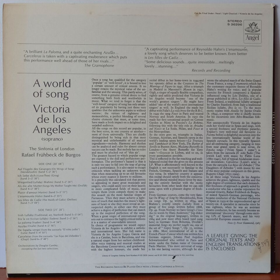 VICTORIA DE LOS ANGELES, THE SINFONIA OF LONDON, FRÜHBECK DE BURGOS – A WORLD OF SONG (1965) - LP 2.EL PLAK