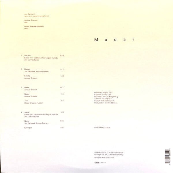 JAN GARBAREK , ANOUAR BRAHEM , SHAUKAT HUSSAIN - MADAR (1994) - 2LP ECM RECORDS LUMINESSENCE SERIES 2025 EDITION SIFIR PLAK