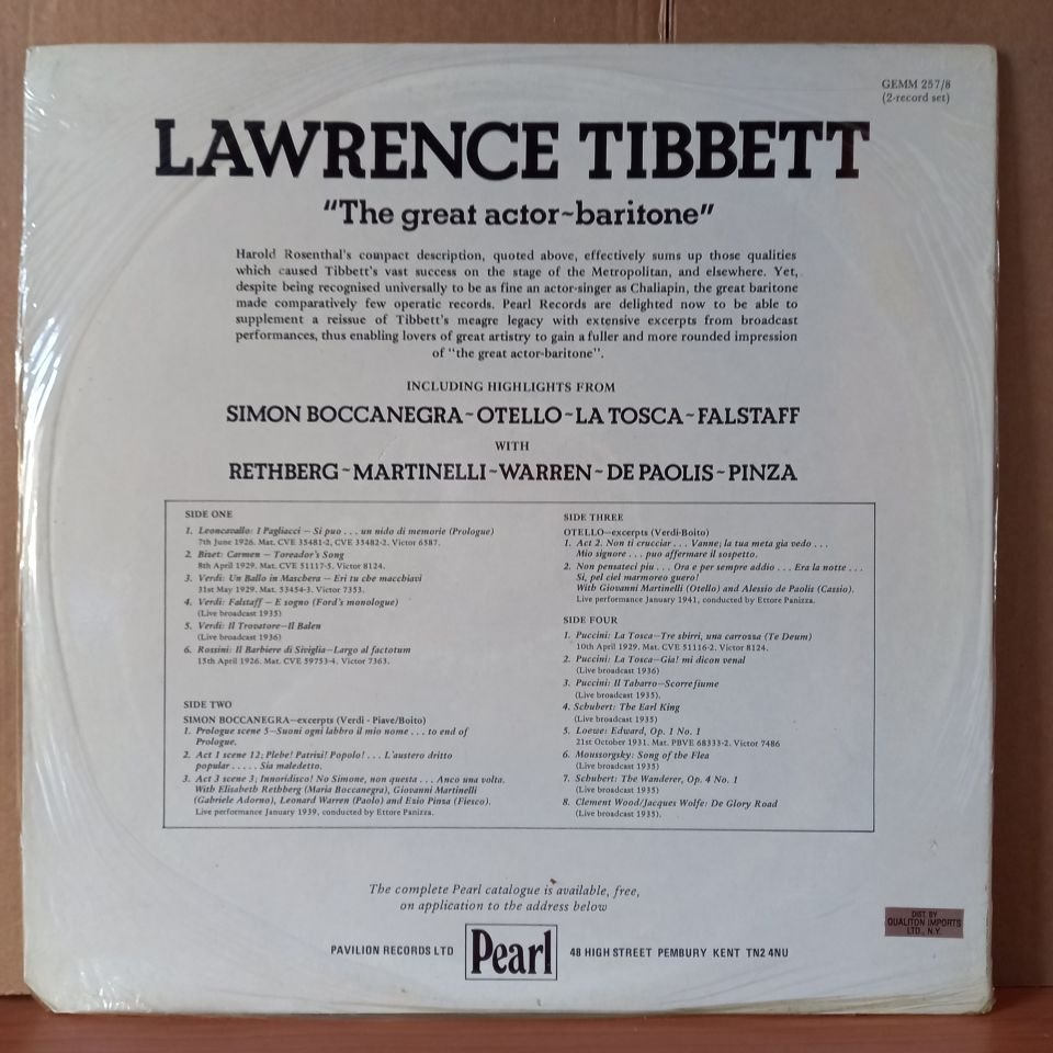 LAWRENCE TIBBETT – THE GREAT ACTOR-BARITONE / INCLUDING HIGHLIGHTS FROM SIMON BOCCANEGRA, OTELLO, LA TOSCA, FALSTAFF WITH RETHBERG, MARTINELLI, WARREN, DE PAOLIS, PINZA - 2LP DÖNEM BASKISI SIFIR PLAK
