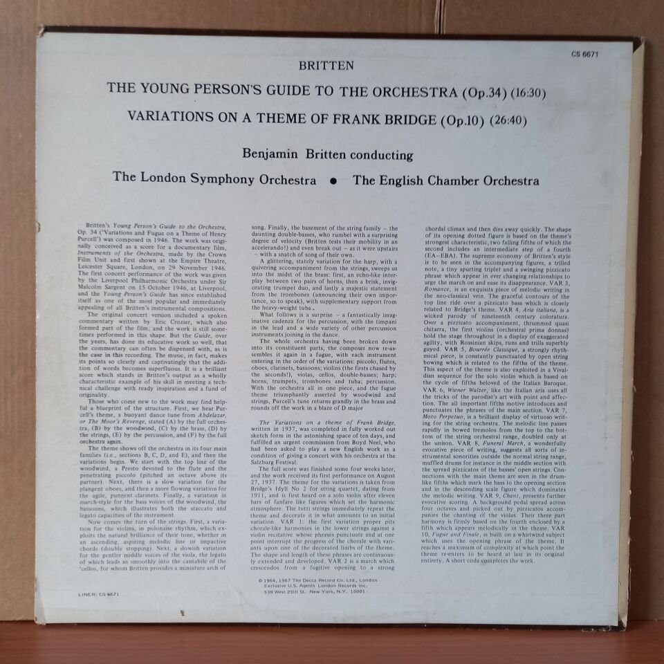 BRITTEN: YOUNG PERSON'S GUIDE TO THE ORCHESTRA (OP. 34) / VARIATIONS ON A THEME OF FRANK BRIDGE (OP. 10) / THE LONDON SYMPHONY ORCHESTRA / THE ENGLISH CHAMBER ORCHESTRA - LP 2.EL PLAK