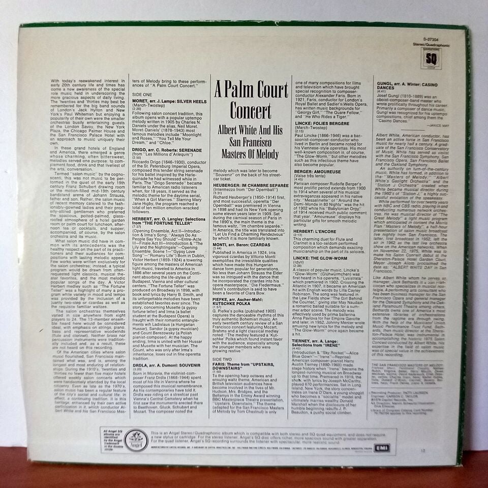 A PALM COURT CONCERT / ALBERT WHITE, THE SAN FRANCISCO MASTERS OF MELODY (1976) - LP 2.EL PLAK
