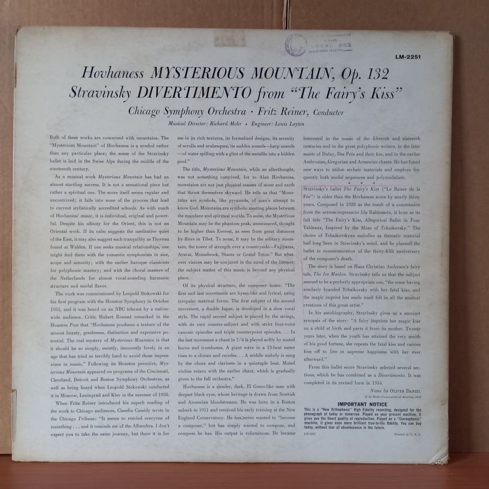 HOVHANESS: MYSTERIOUS MOUNTAIN / STRAVINSKY: DIVERTIMENTO (FROM THE FAIRY'S KISS) / CHICAGO SYMPHONY ORCHESTRA, FRITZ REINER (1958) - LP 2.EL PLAK