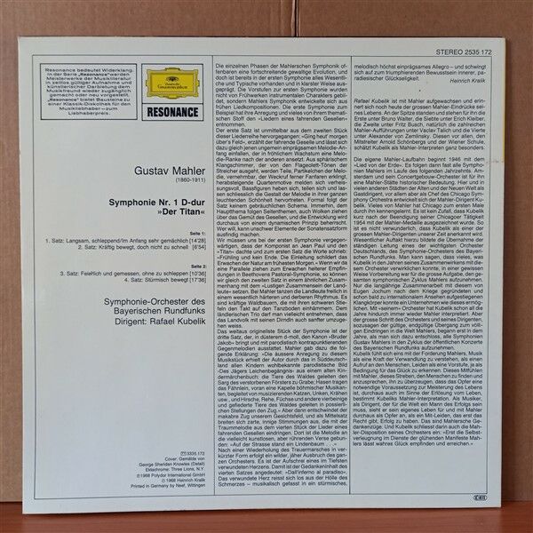 GUSTAV MAHLER: SYMPHONIE NR.1 ''DER TITAN'' / SYMPHONIE-ORCHESTER DES BAYERISCHEN RUNDFUNKS, RAFAEL KUBELIK - LP 2.EL PLAK