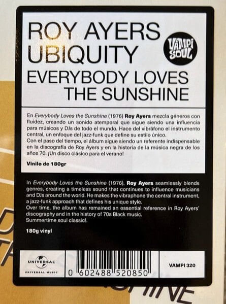 ROY AYERS UBIQUITY – EVERYBODY LOVES THE SUNSHINE (1976) - LP 2025 REISSUE 180GR SIFIR PLAK