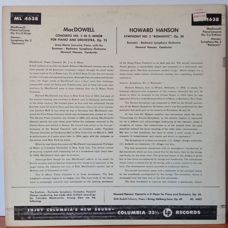 MACDOWELL / HOWARD HANSON - JESUS MARIA SANROMA, EASTMAN-ROCHESTER SYMPHONY ORCHESTRA – CONCERTO NO. 2 IN D MINOR FOR PIANO AND ORCHESTRA, OP. 23 / SYMPHONY NO. 2 ''ROMANTIC,'' OP. 30 (1953) - LP 2.EL PLAK