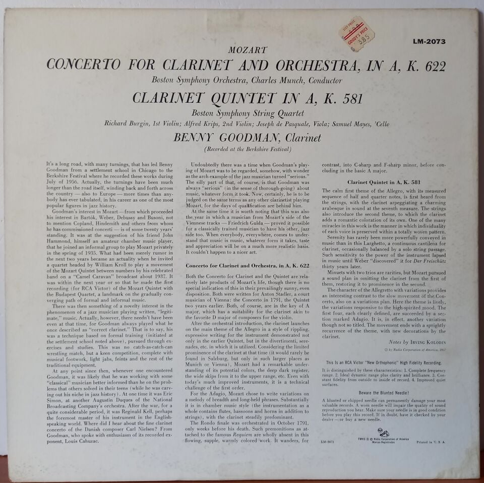 MOZART, BENNY GOODMAN, CHARLES MUNCH, BOSTON SYMPHONY ORCHESTRA, BOSTON SYMPHONY STRING QUARTET – CONCERTO FOR CLARINET AND ORCHESTRA, CLARINET QUINTET (1957) - LP 2.EL PLAK