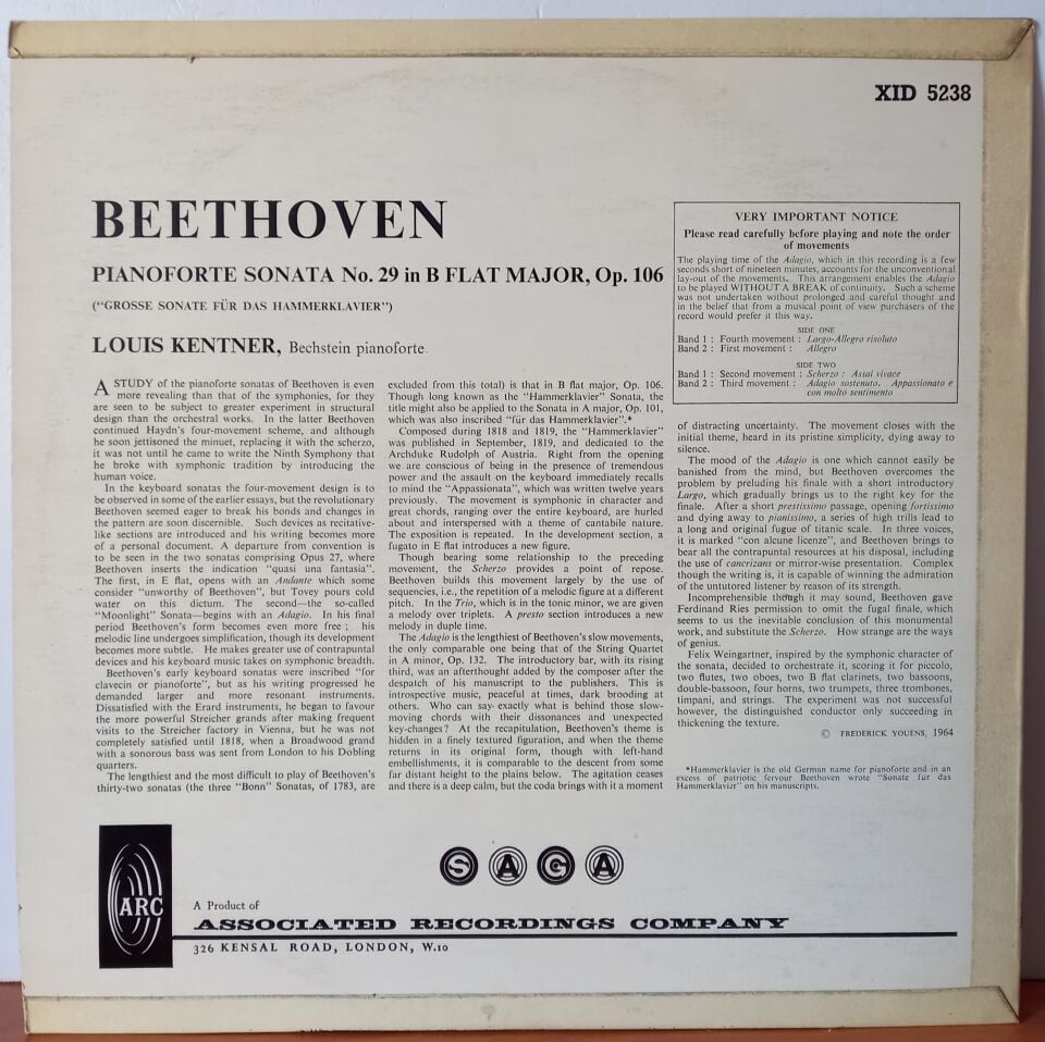 LOUIS KENTNER – BEETHOVEN PIANOFORTE SONATA NO.29 IN B FLAT MAJOR, OP.106 (1964) - LP 2.EL PLAK