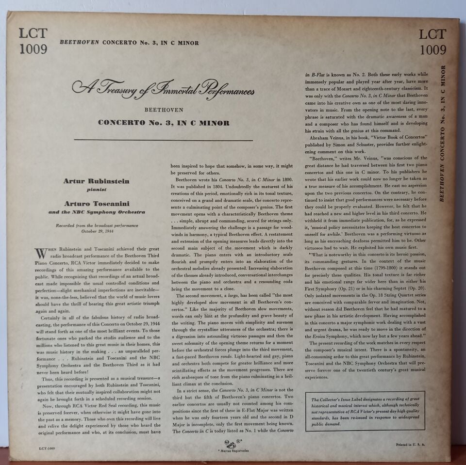 BEETHOVEN, RUBINSTEIN, TOSCANINI, NBC SYMPHONY ORCHESTRA – CONCERTO NO. 3 FOR PIANO AND ORCHESTRA, IN C MINOR, OP. 37 (1951) - LP 2.EL PLAK