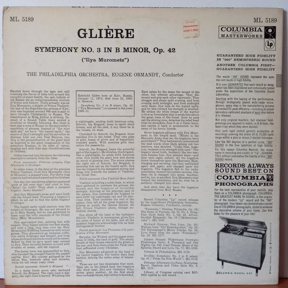 REINHOLD GLIERE – GLIERE: SYMPHONY NO. 3 IN B MINOR, OP. 42 [''ILYA MUROMETZ''] (1957) - LP 2.EL PLAK