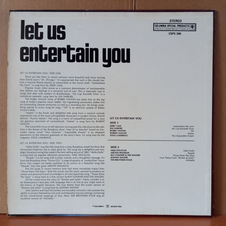 LET US ENTERTAIN YOU / JERRY VALE, JIM NABORS, BOBBY VINTON, MIKE DOUGLAS, ARETHA FRANKLIN, THE BROTHERS FOUR - LP 2.EL PLAK
