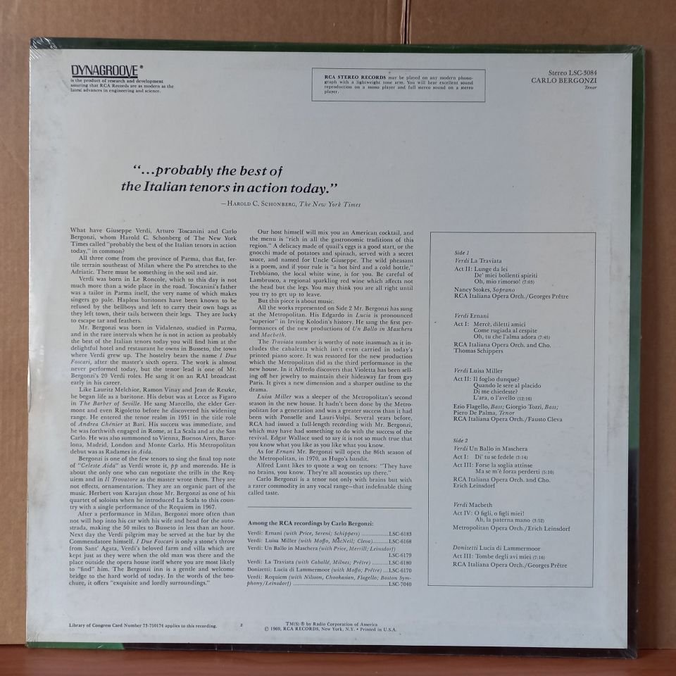 CARLO BERGONZI – ARIAS FROM LA TRAVIATA, LUCIA DI LAMMERMOOR, LUISA MILLER, UN BALLO IN MASCHERA, MACBETH, ERNANI (1969) - LP DÖNEM BASKISI SIFIR PLAK