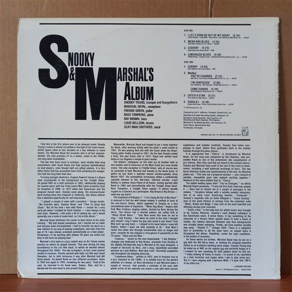 SNOOKY YOUNG, MARSHAL ROYAL, FREDDIE GREEN, ROSS TOMPKINS, RAY BROWN, LOUIE BELLSON SPECIAL GUEST SCAT MAN CROTHERS* – SNOOKY & MARSHAL'S ALBUM (1978) - LP 2.EL PLAK