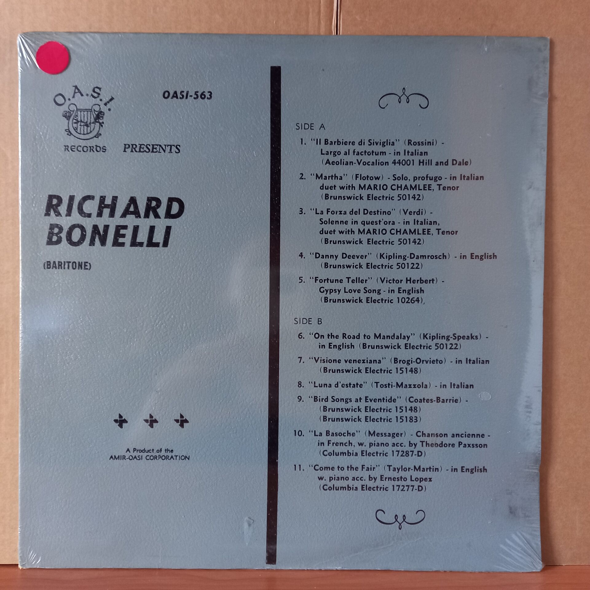 RICHARD BONELLI – RICHARD BONELLI BARITONE / ROSSINI, FLOTOW, VERDI, VICTOR HERBERT, KIPLING-SPEAKS, MESSAGER, TAYLOR-MARTIN - LP DÖNEM BASKISI SIFIR PLAK