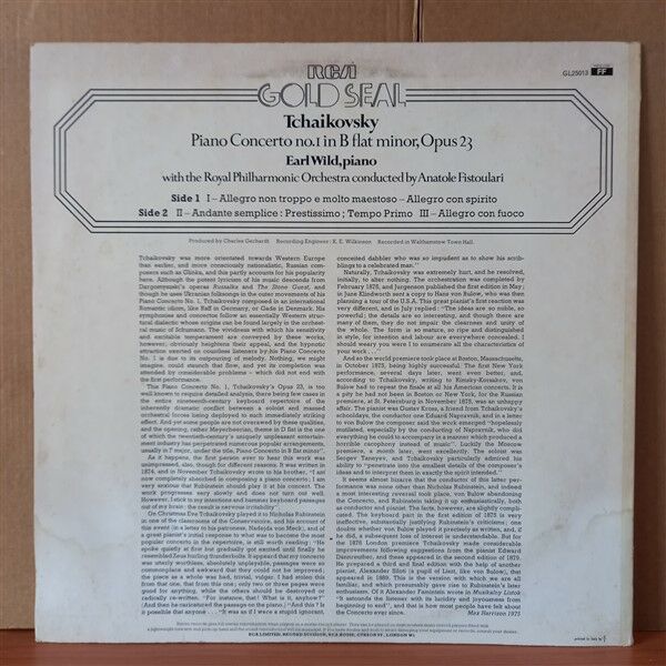 TCHAIKOVSKY: PIANO CONCERTO NO.1 IN B FLAT MINOR / EARL WILD, ROYAL PHILHARMONIC ORCHESTRA, ANATOLE FISTOULARI (1976) - LP 2.EL PLAK