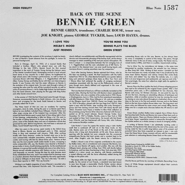BENNIE GREEN - BACK ON THE SCENE (1958) - LP BLUE NOTE TONE POET SERIES 180GR 2025 MONO EDITION SIFIR PLAK