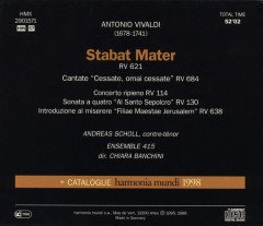 VIVALDI - STABAT MATER / ANDREAS SCHOLL / ENSEMBLE 415 / CHIARA BANCHINI (1998) - CD + 1998 HARMONIA MUNDI CATALOGUE 2.EL