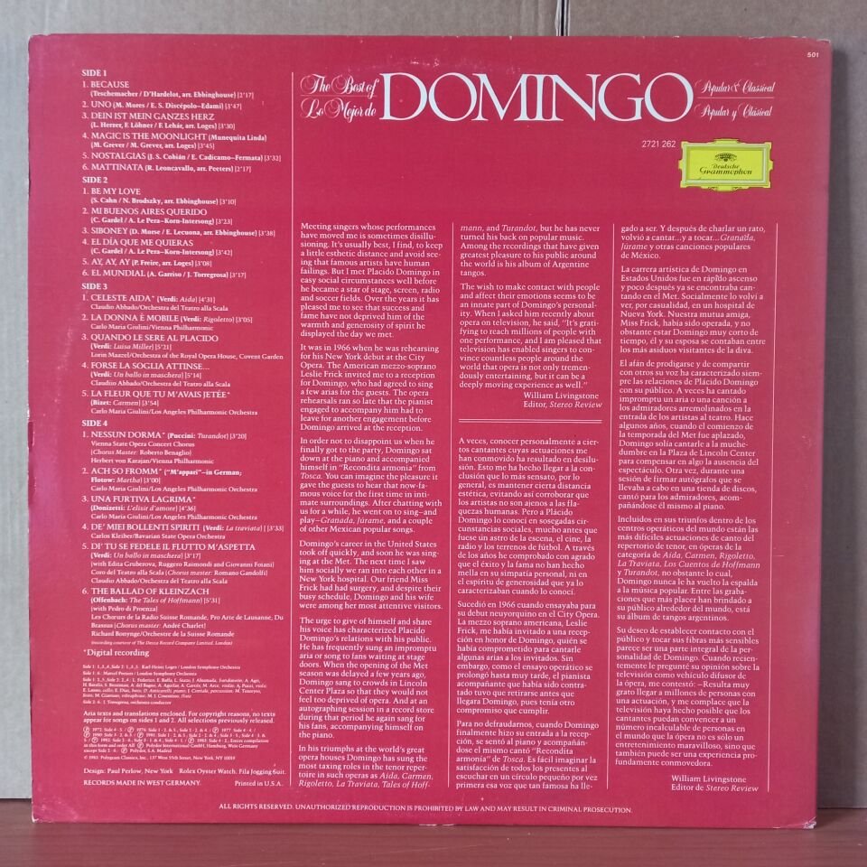 DOMINGO – THE BEST OF POPULAR & CLASSICAL / LO MEJOR DE POPULAR Y CLASICAL - 2LP 2.EL PLAK