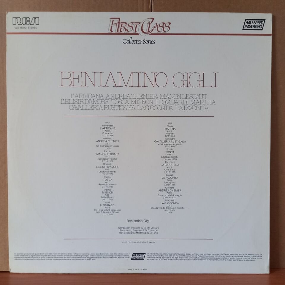BENIAMINO GIGLI / L'AFRICANA, ANDREA CHENIER, MANON LESCAUT, L'ELISIR D'AMORE, TOSCA, MIGNON, I LOMBARDI, MARTHA, CAVALLERIA RUSTICANA, LA GIOCONDA, LA FAVORITA (1983) - LP 2.EL PLAK