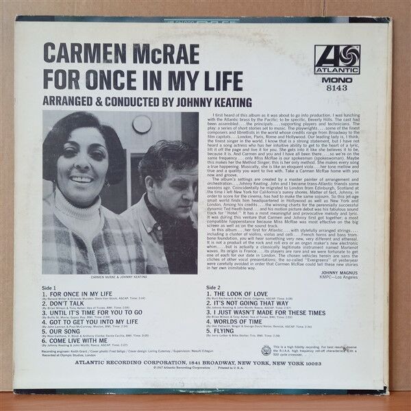 CARMEN MCRAE – FOR ONCE IN MY LIFE (1967) - LP 2.EL PLAK